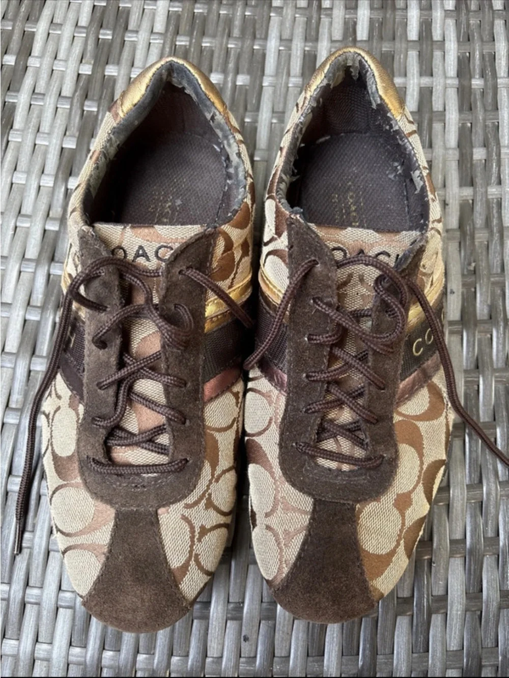 Coach Brown Signature Canvas Sneakers with Gold & Bronze Stripes - Women